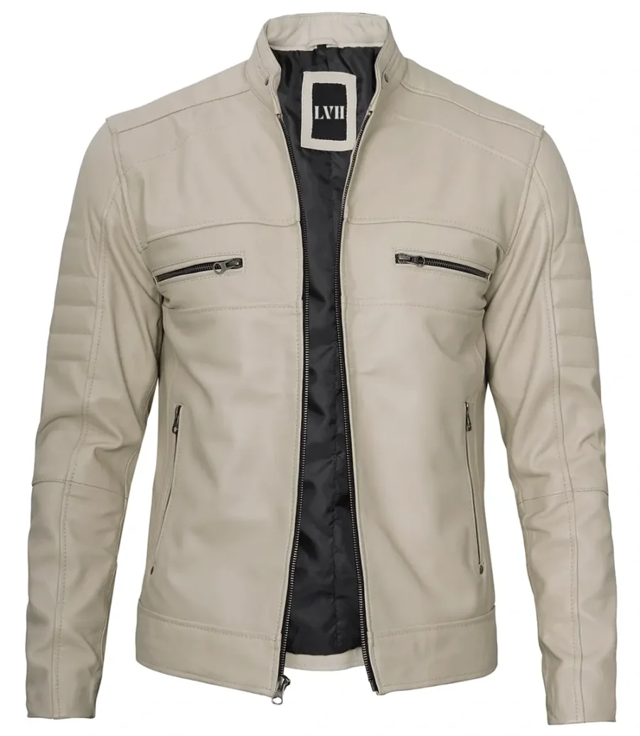 Beige Men Cafe Racer Real Leather Jacket front