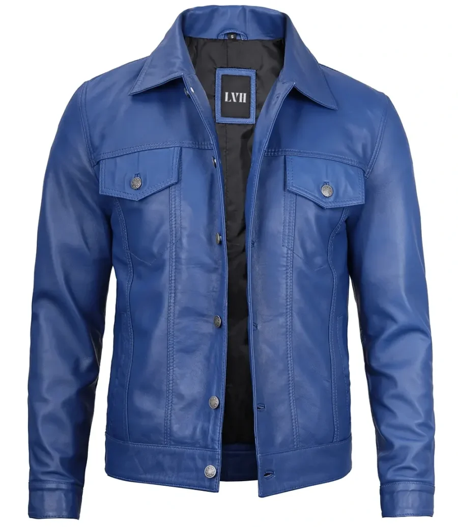 Blue Leather Trucker Jacket Mens front