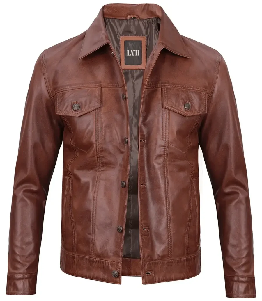 Brown Leather Trucker Jacket front