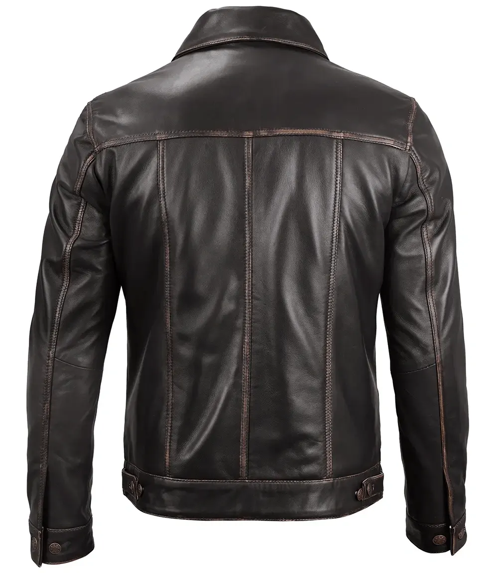 Dark Brown Leather Trucker Jacket Mens back