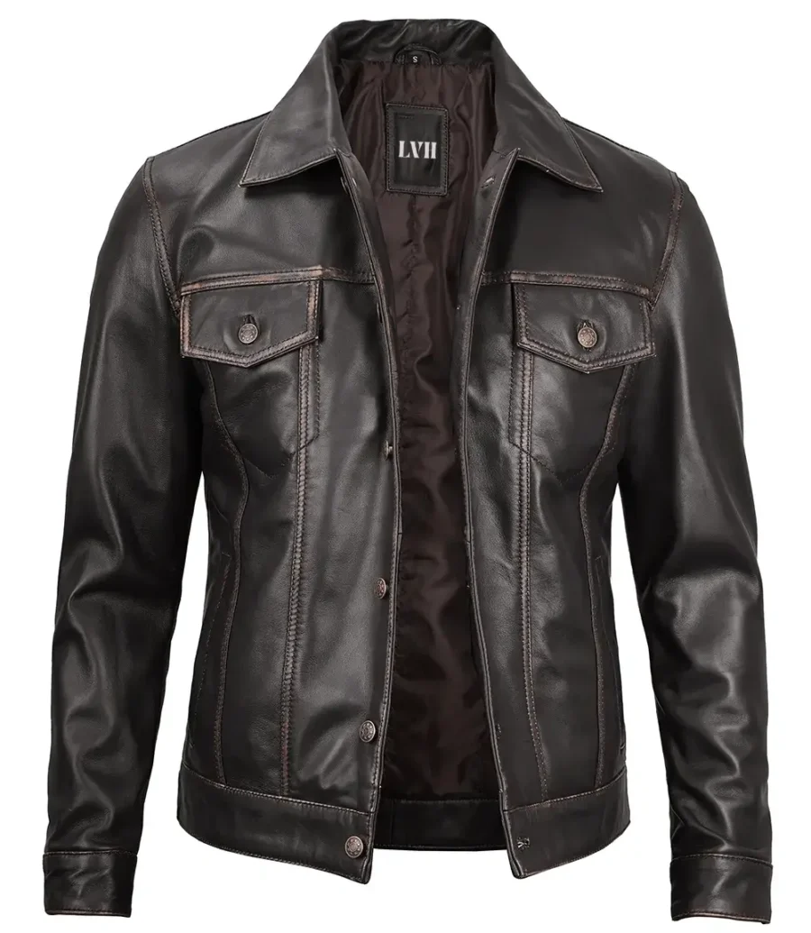 Dark Brown Leather Trucker Jacket Mens front