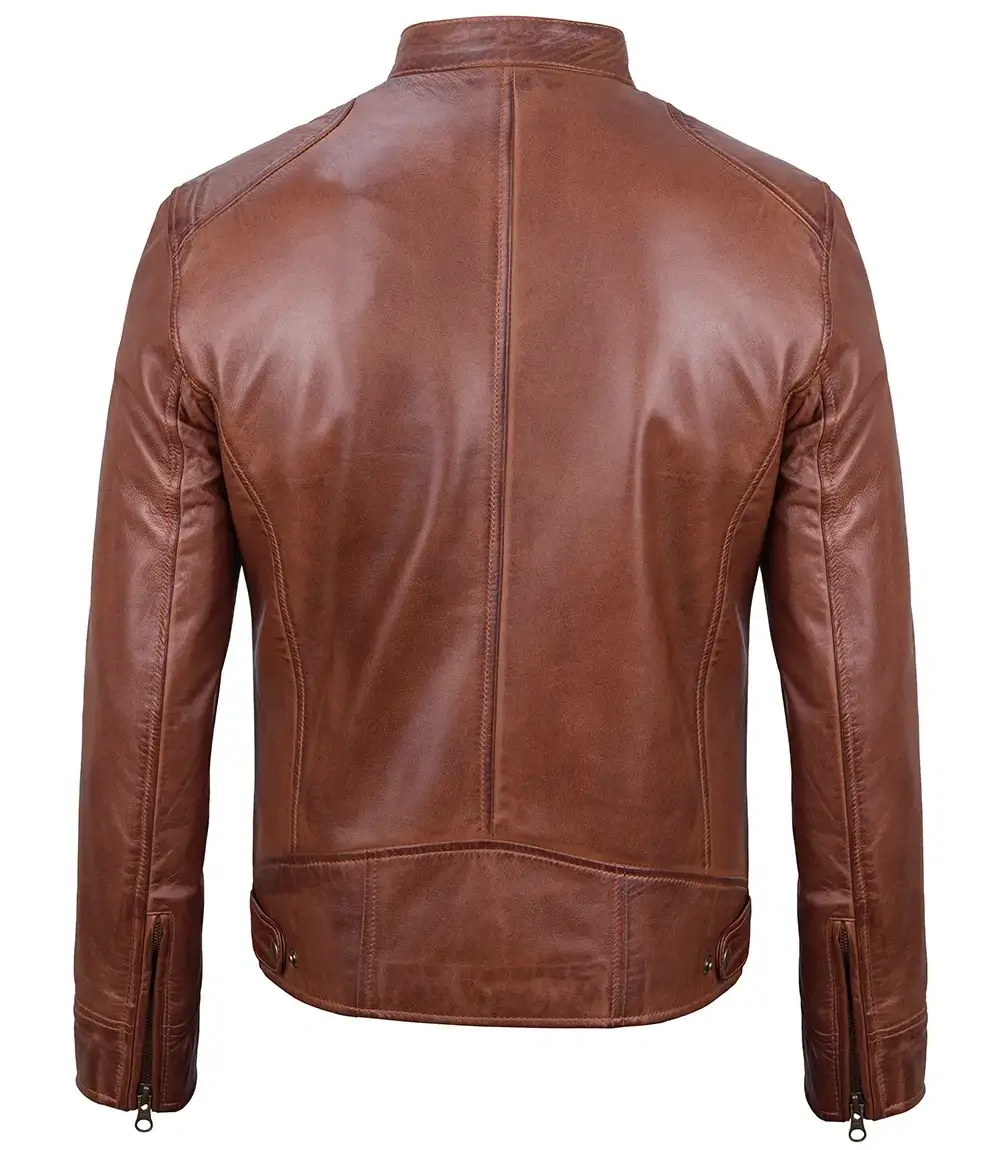 Dodge Mens Cognac Cafe Racer Leather Jacket back