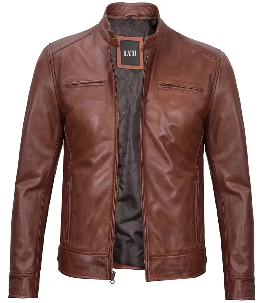 Dodge Mens Cognac Cafe Racer Leather Jacket front