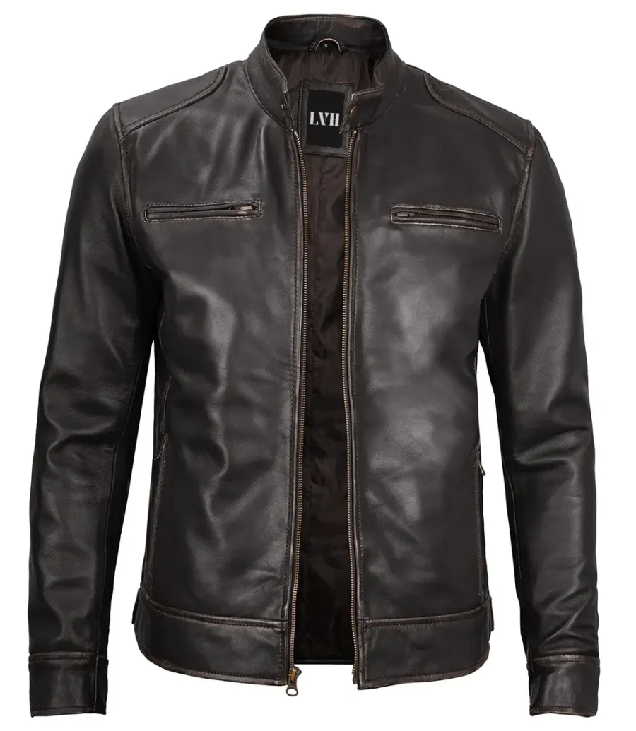 Dodge Mens Rub Off Dark Brown Cafe Racer Leather Jacket front