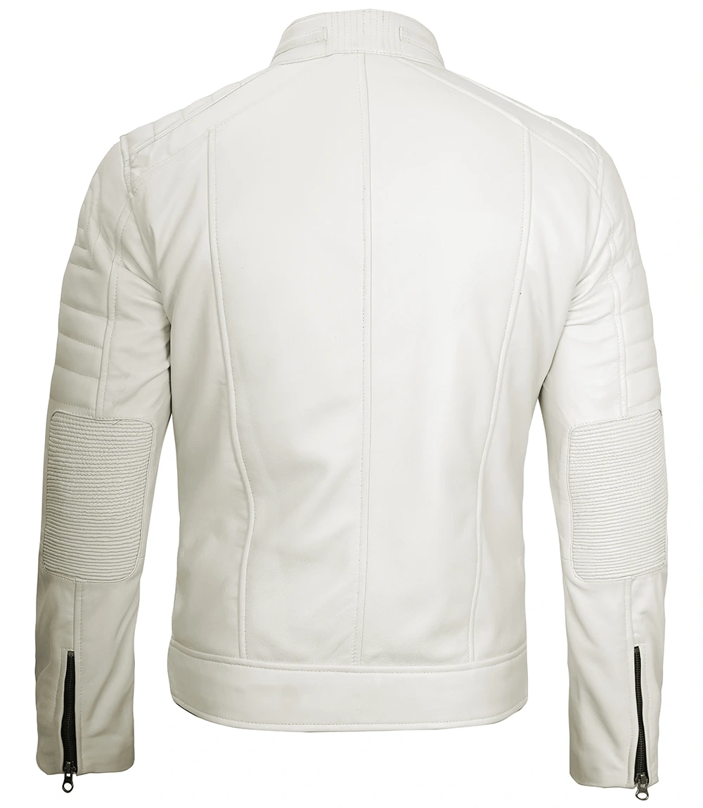 Men Racer Off White Real Leather Jacket back