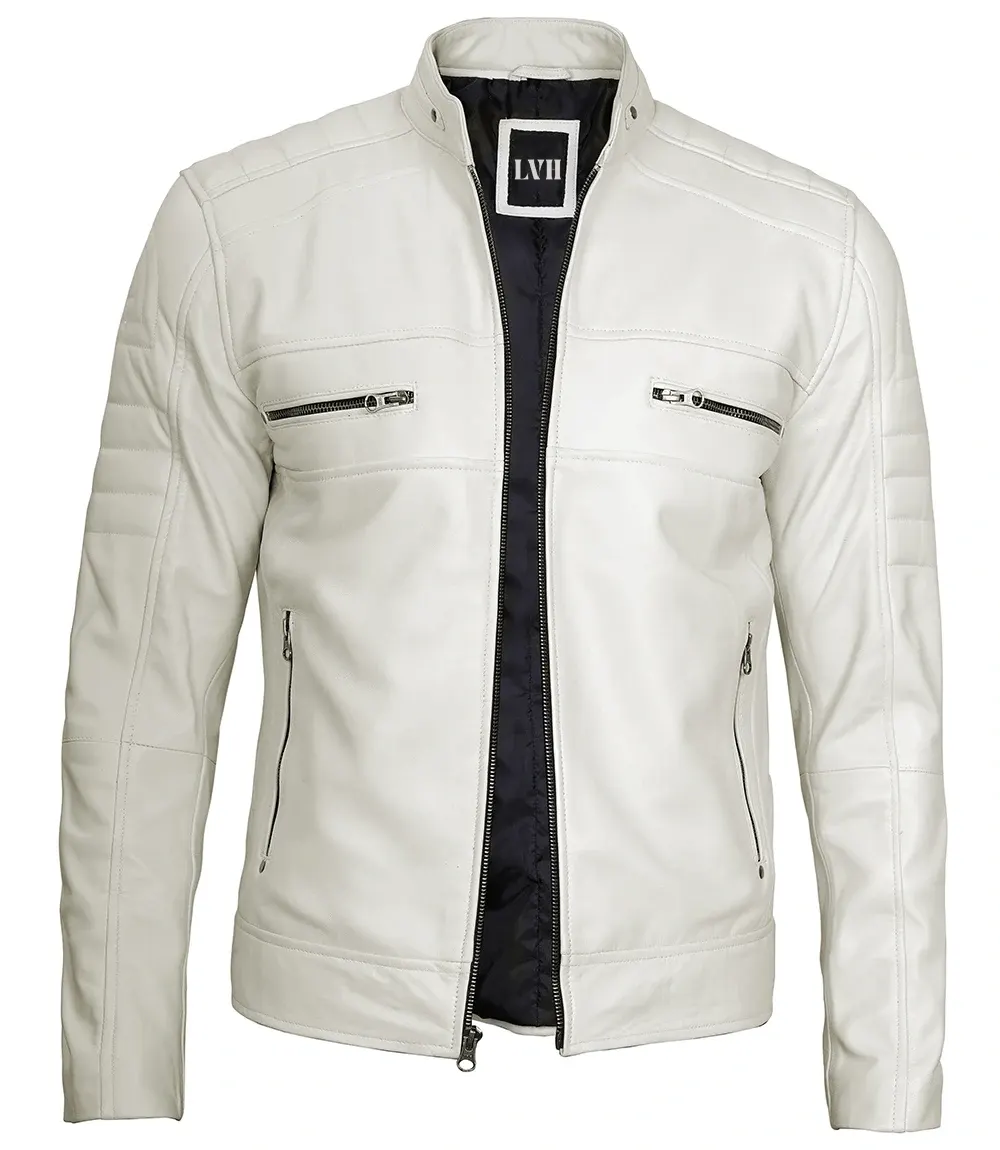 Men Racer Off White-Real Leather Jacket front