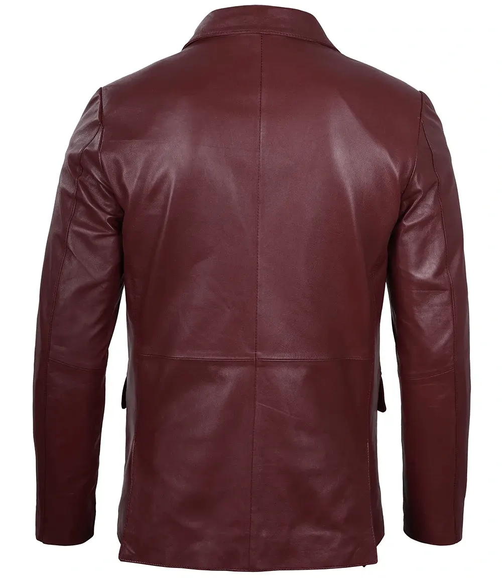 Men's Maroon Real Leather Blazer - Formal Jacket back