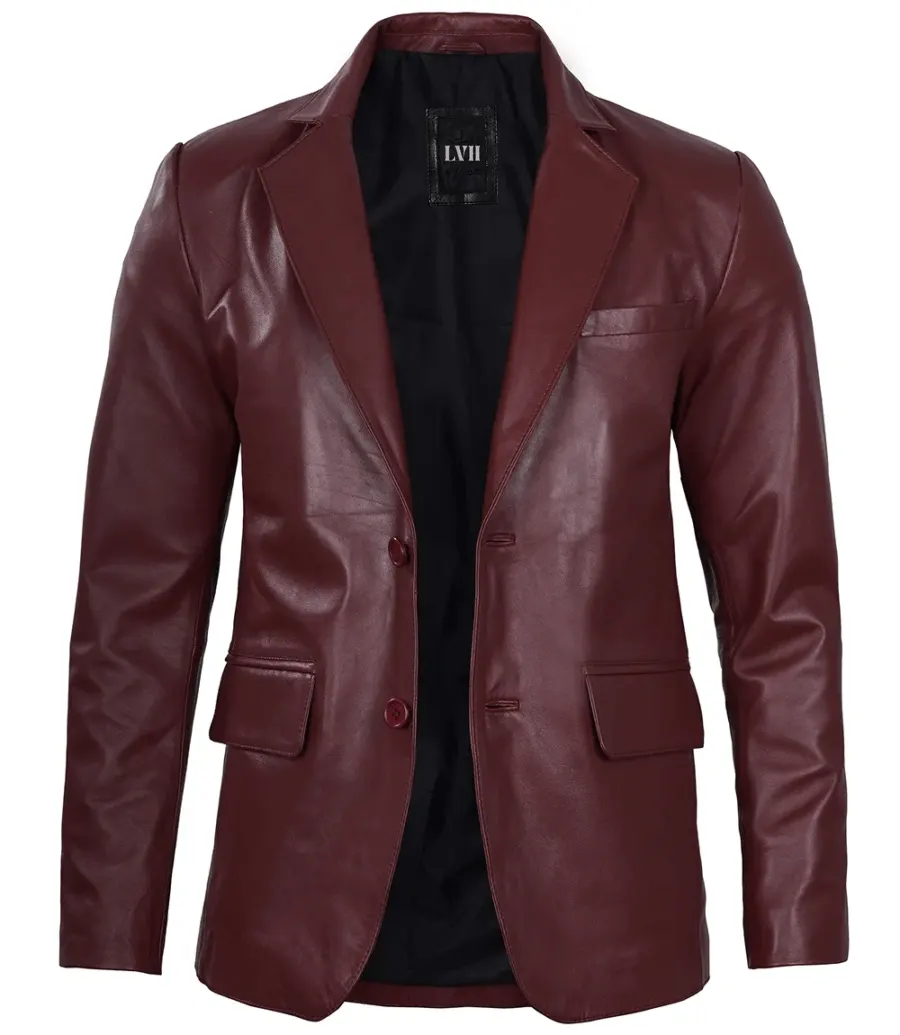 Men's Maroon Real Leather Blazer - Formal Jacket front