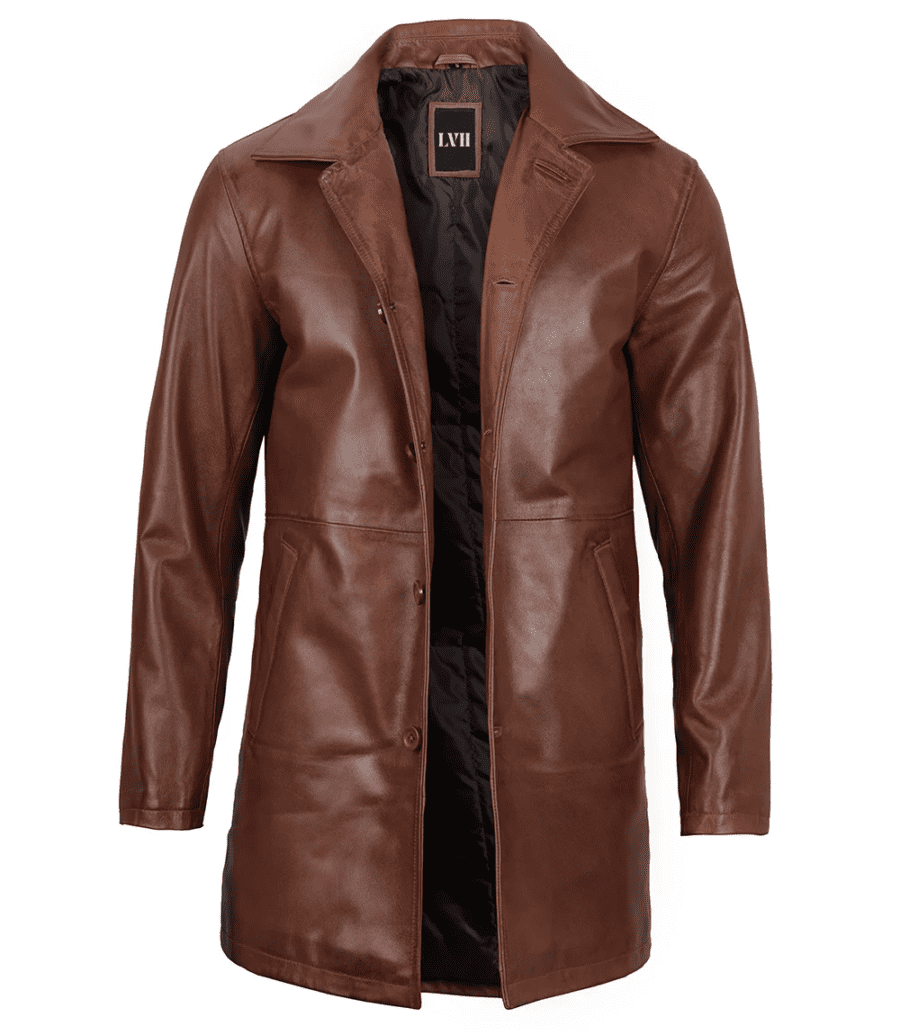 Tan Mens Distressed  Leather Car Coat