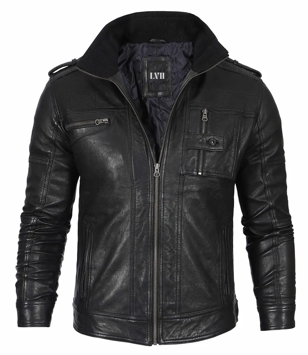 Tavares Wash Leather Jacket Black Front