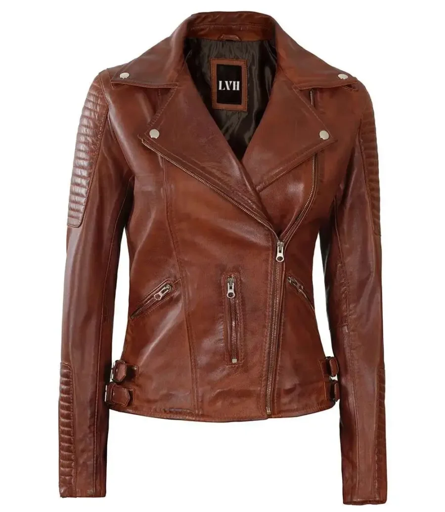 Womens Brown Leather Moto Jacket front