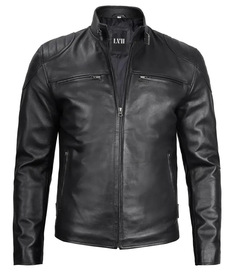 cafe racer black leather jacket Front