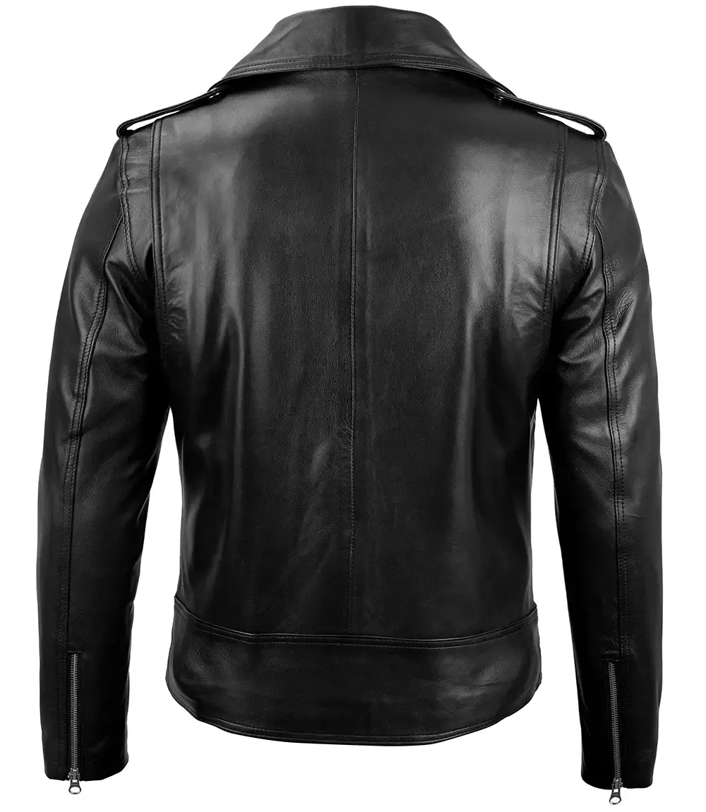 mens black leather jacke Back