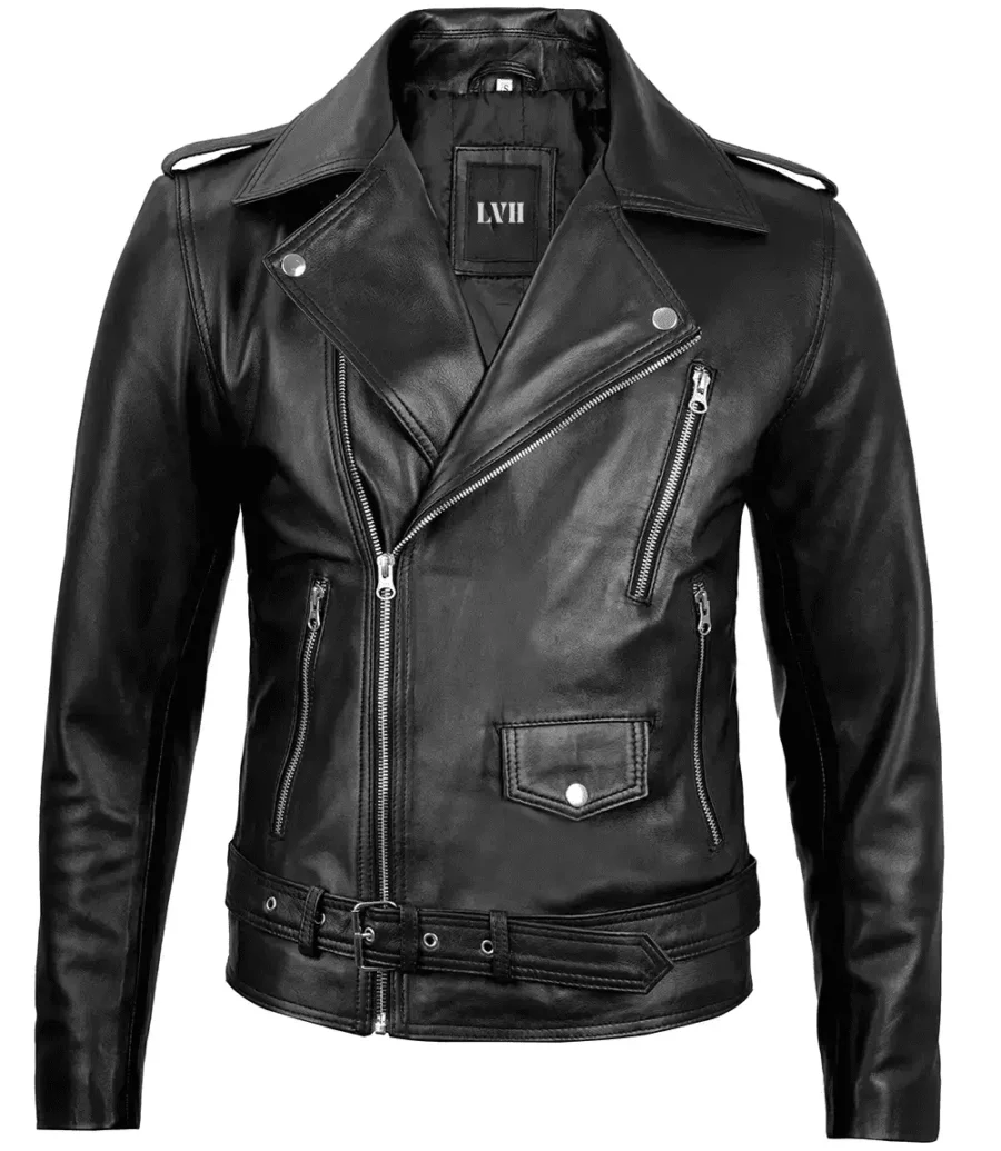 mens black leather jacket Front