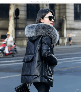Fur-hooded street style image