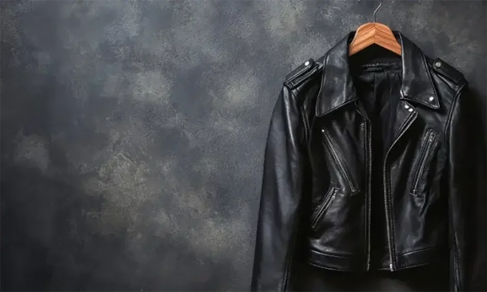 black leather jacket on hanger