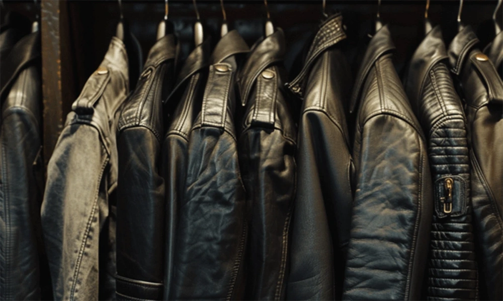black leather jackets on rack