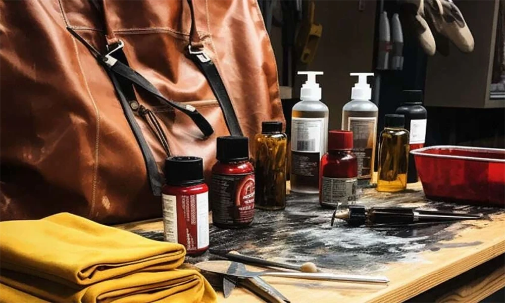 brown leather bag with care products