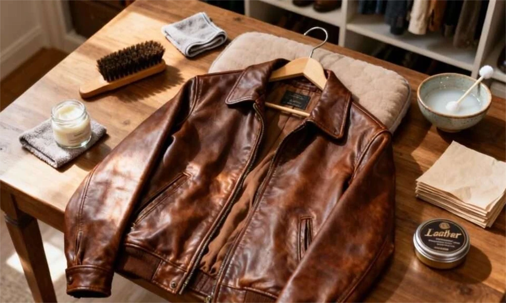brown leather jacket on table with care products