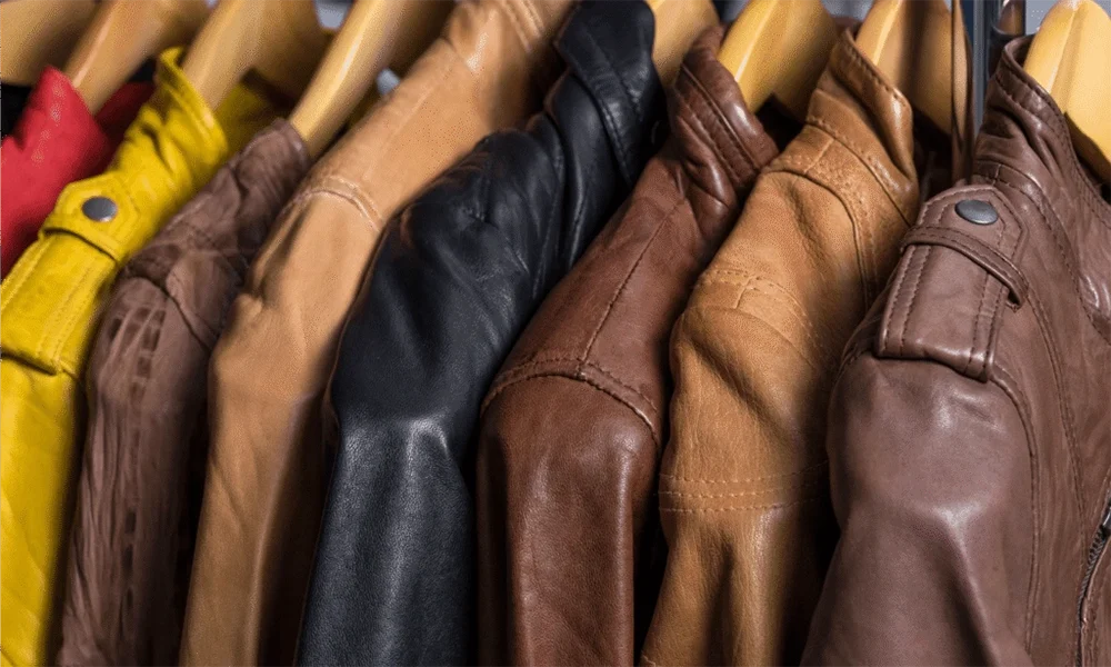 colorful leather jackets on hangers