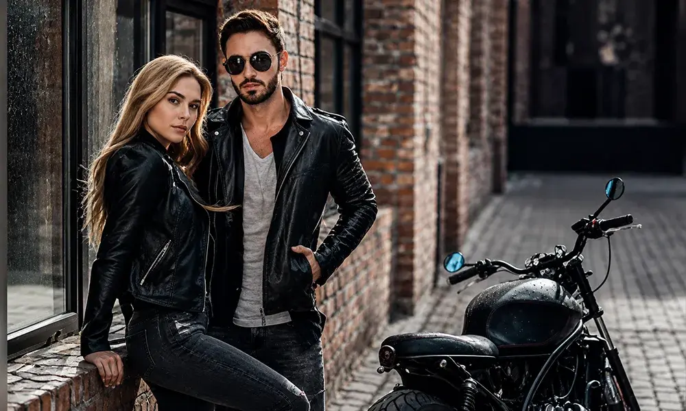 couple in black leather jackets with motorcycle