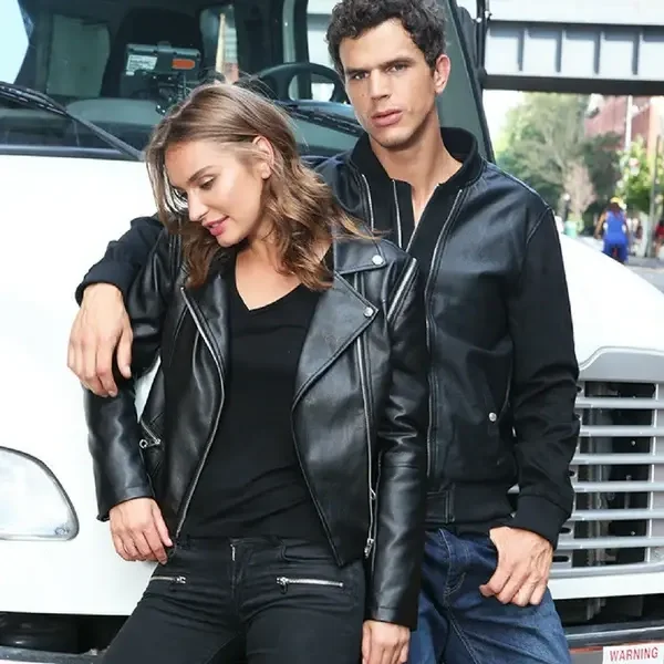 couple wearing black leather jackets