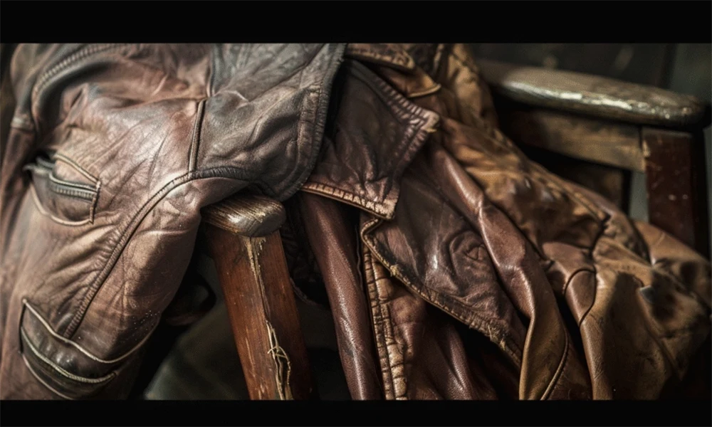 distressed brown leather jacket on chair