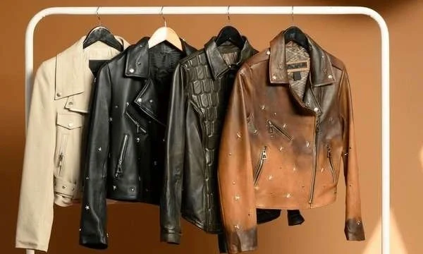 four leather jackets on clothing rack