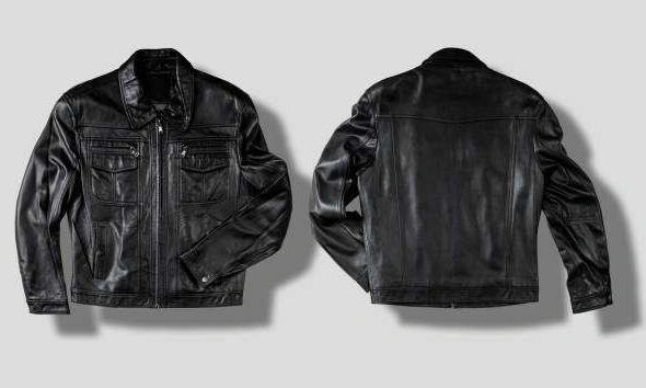 front and back view of black leather jacket