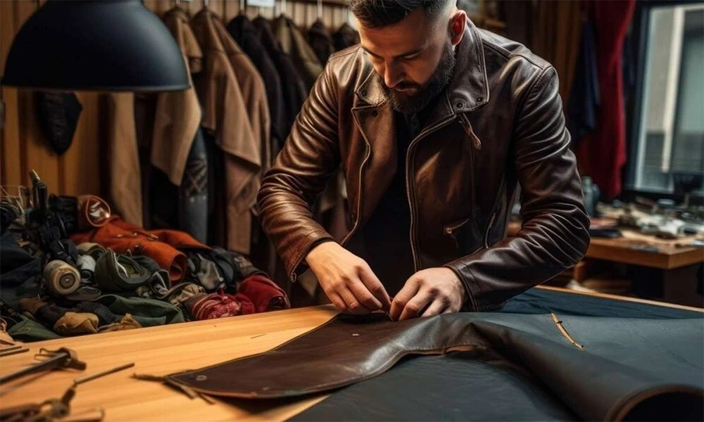 man crafting brown leather jacket