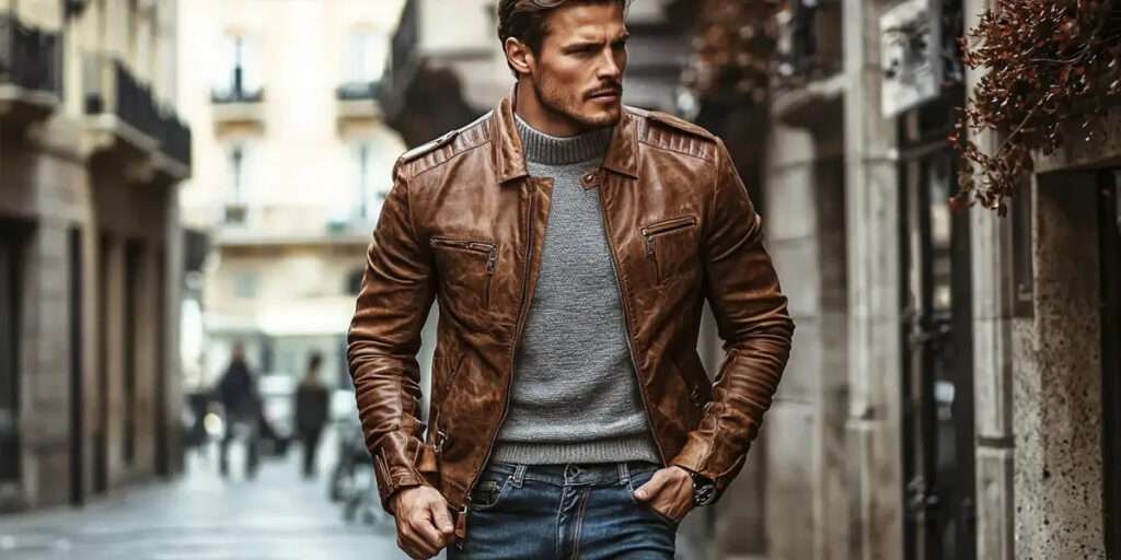 man walking in brown leather jacket