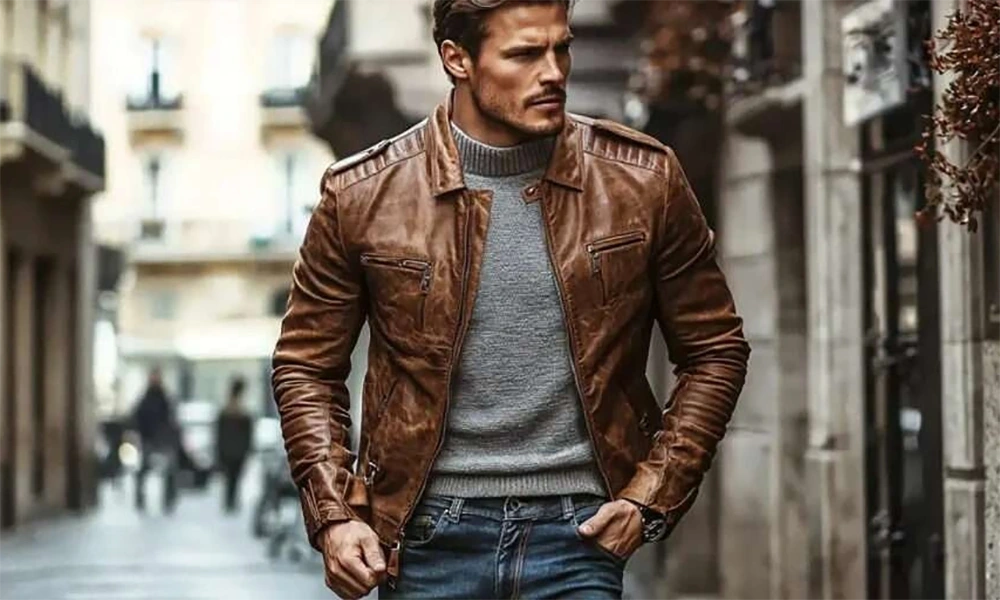 man walking in brown leather jacket