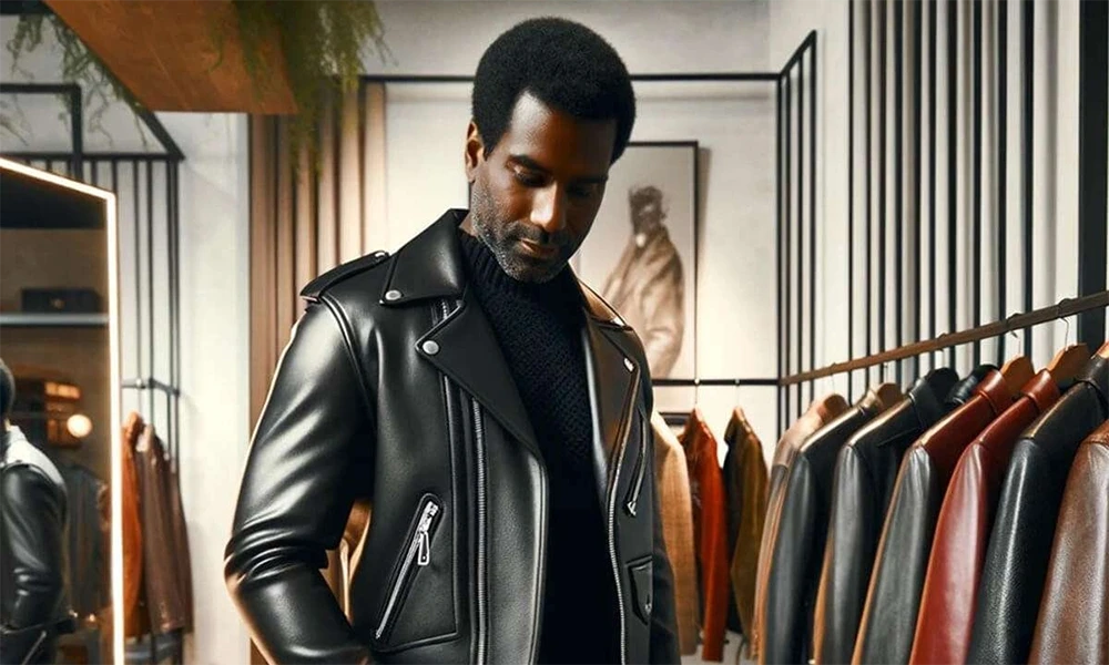 man wearing black leather jacket in store