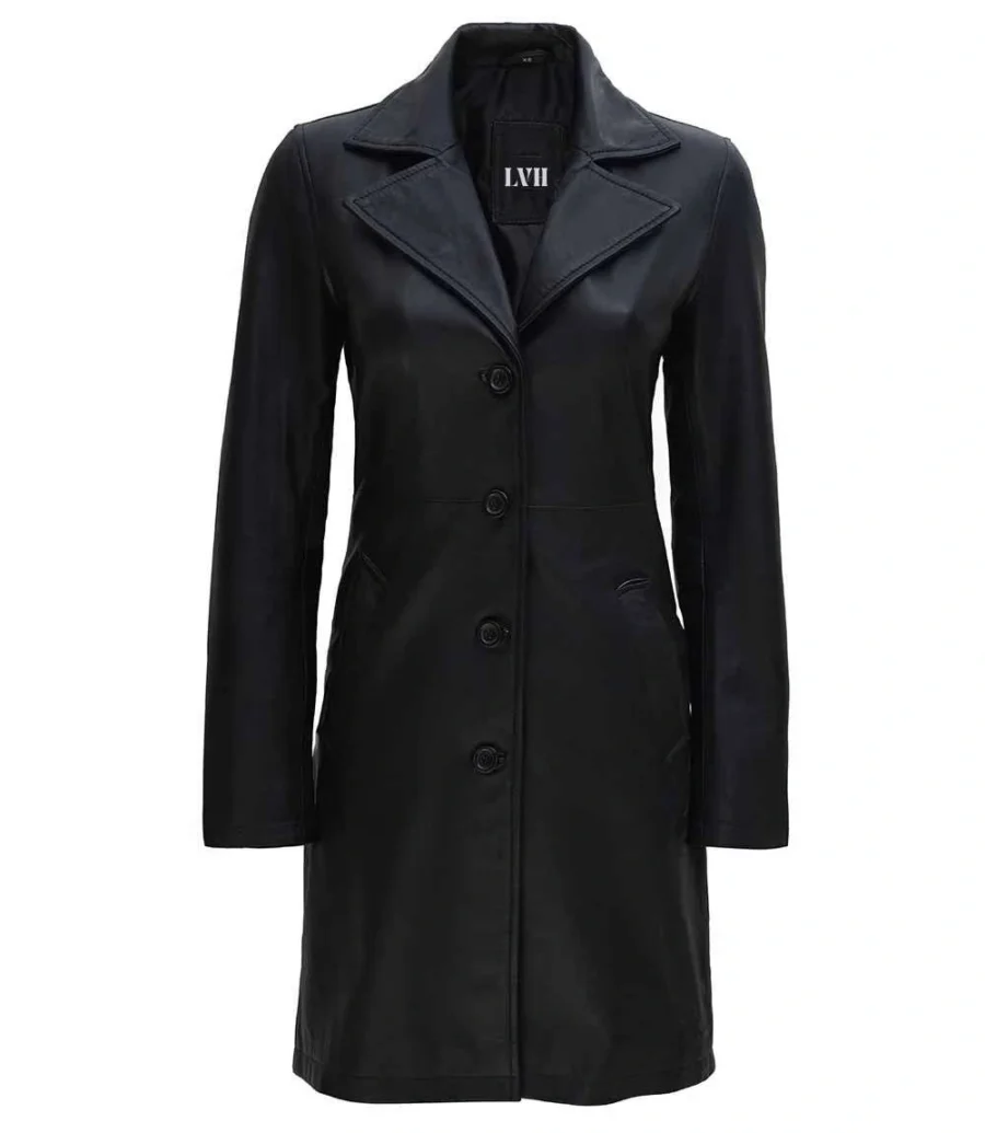 Black Real Leather Long Coat For Women front