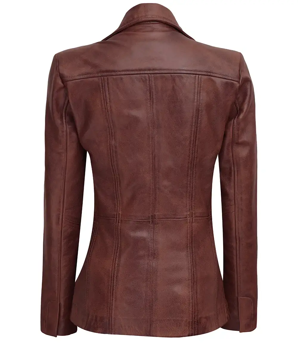 Brown Leather Blazer Women back