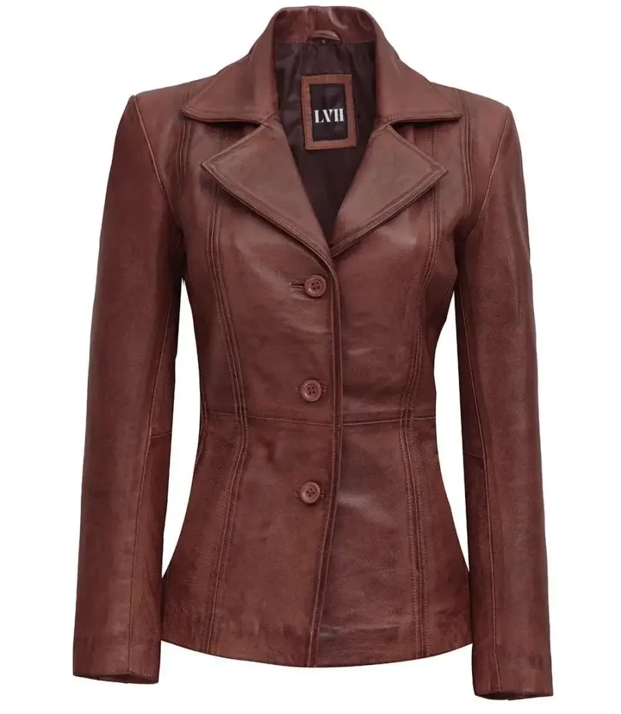 Brown Leather Blazer Women front