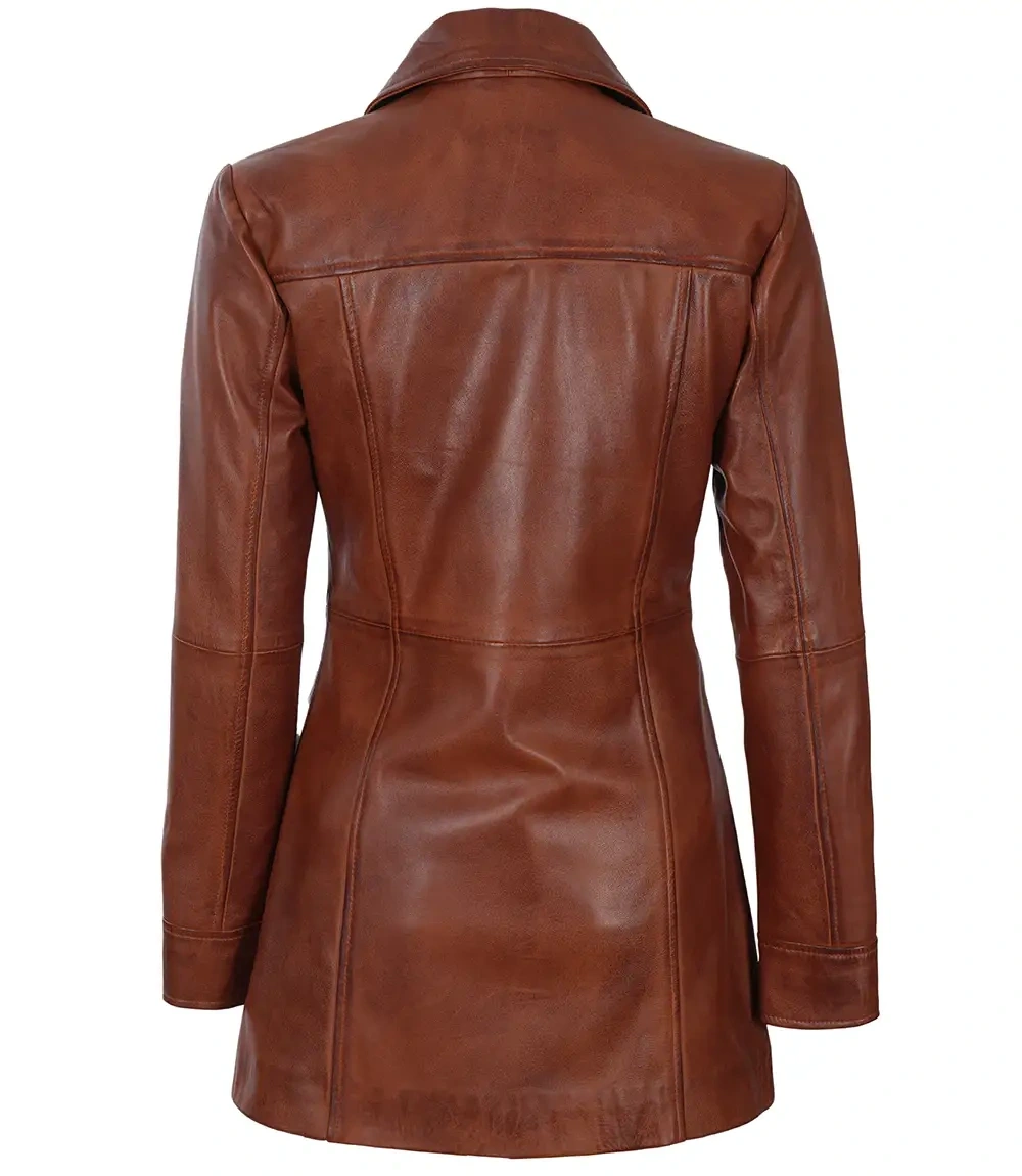 Brown Real Leather Long Coat For Women back