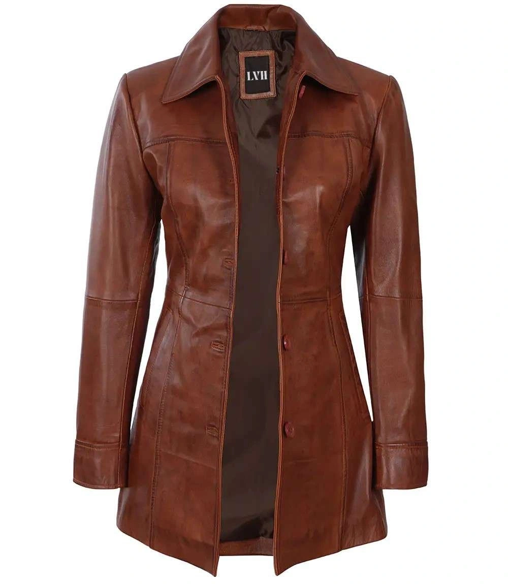 Brown Real Leather Long Coat For Women front
