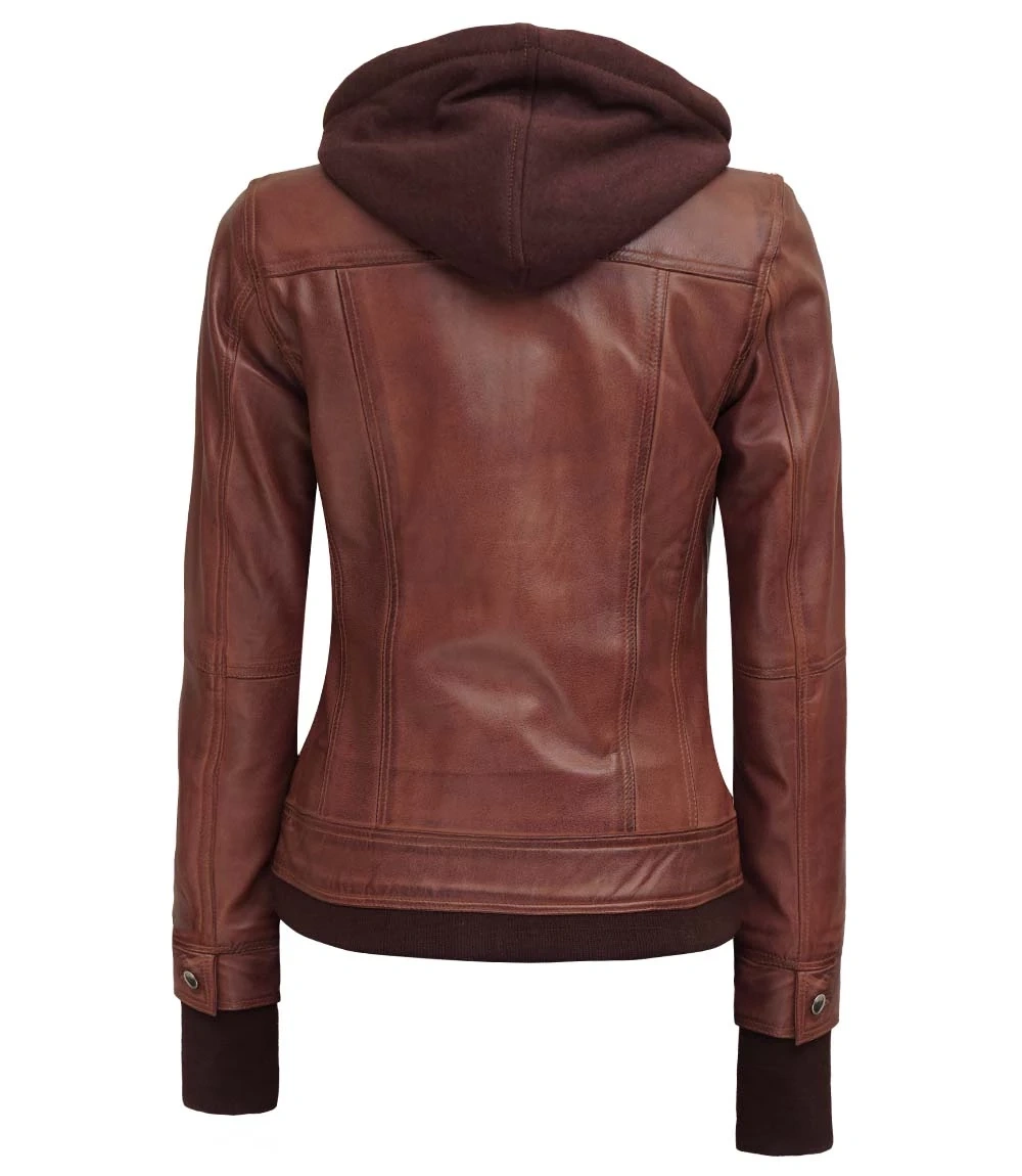 Dark Brown Womens Bomber Leather Jacket With Removable Hood back