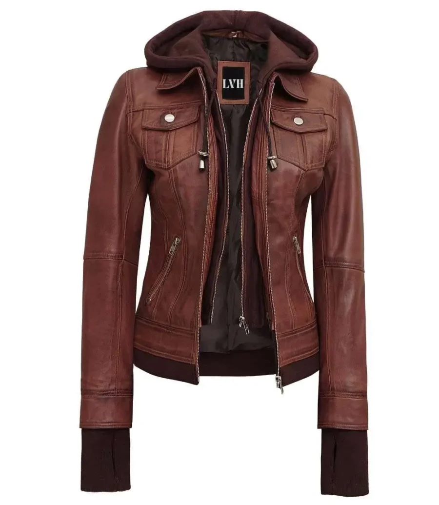 Dark Brown Womens Bomber Leather Jacket With Removable Hood front
