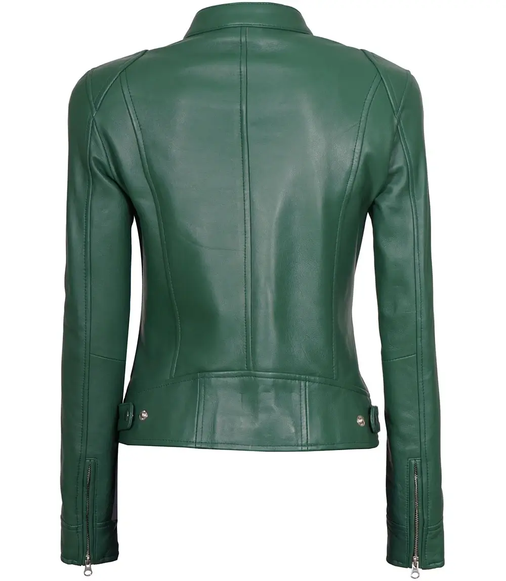 Green Motorcycle Racer Leather Jacket Women's back