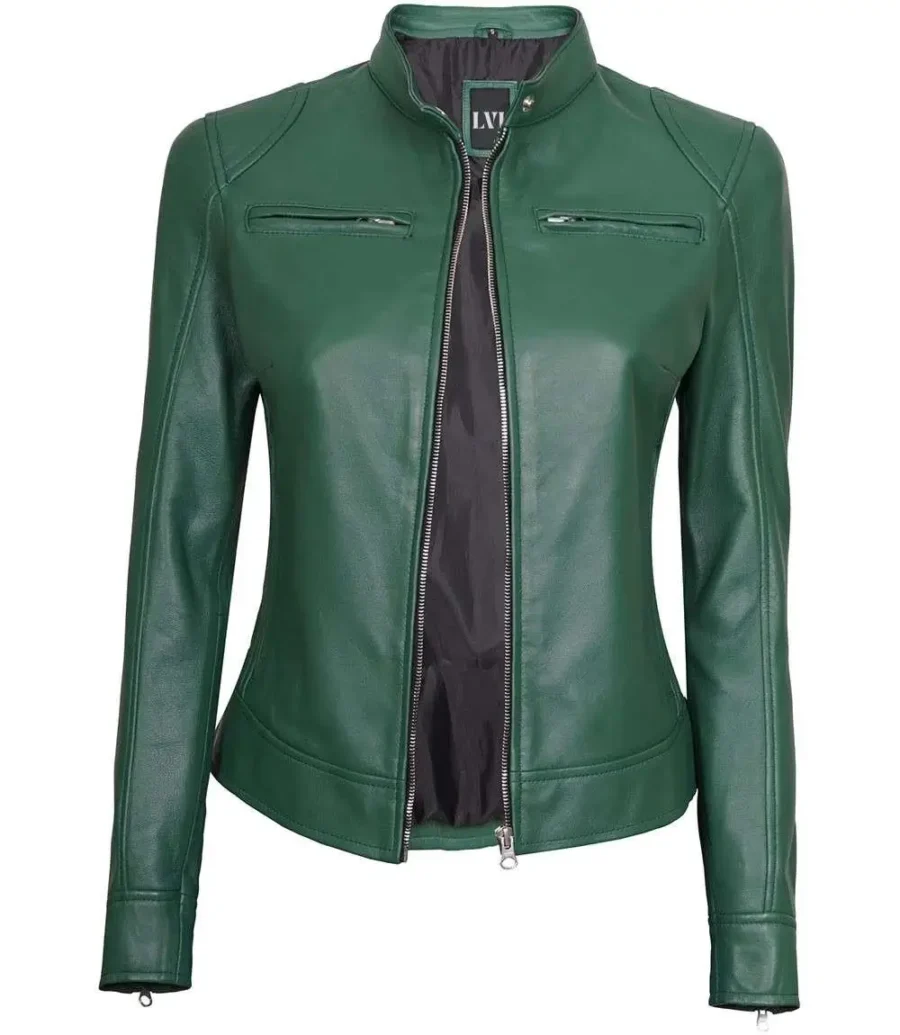 Green Motorcycle Racer Leather Jacket Women's front