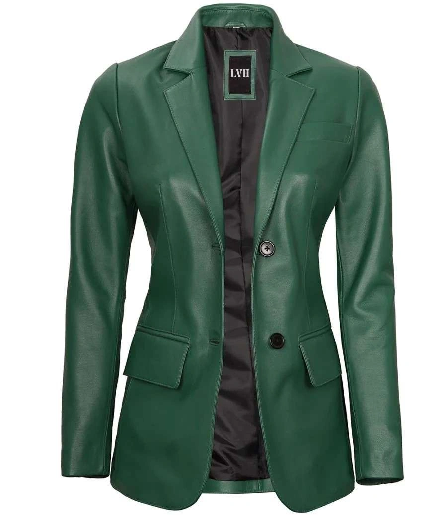 Green Womens Real Leather Blazer Jacket front
