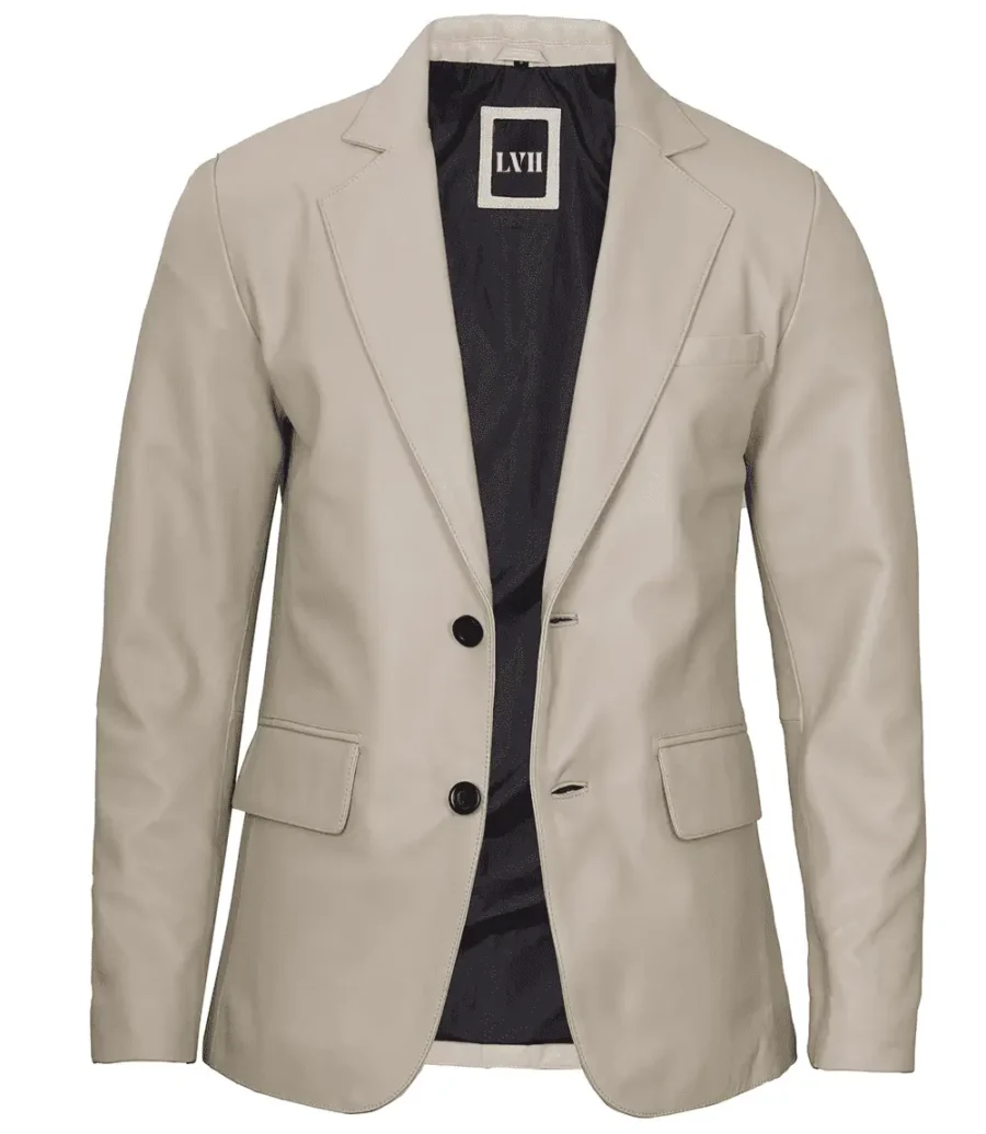 Mens Beige Real Leather Blazer Jacket front