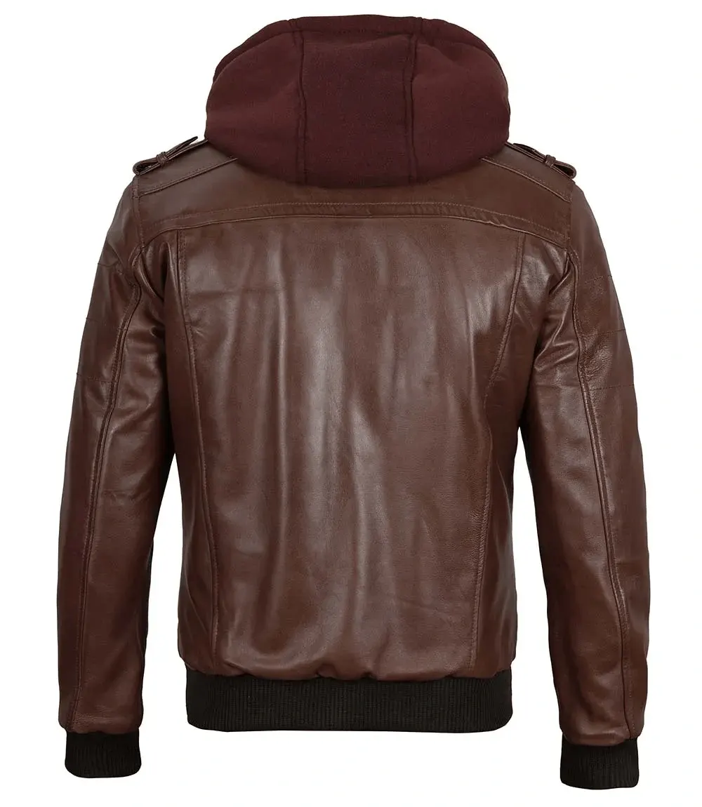 Mens Dark Brown Leather Bomber Jacket With Hood back