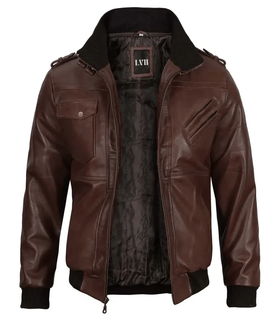 Mens Dark Brown Leather Bomber Jacket With Hood front