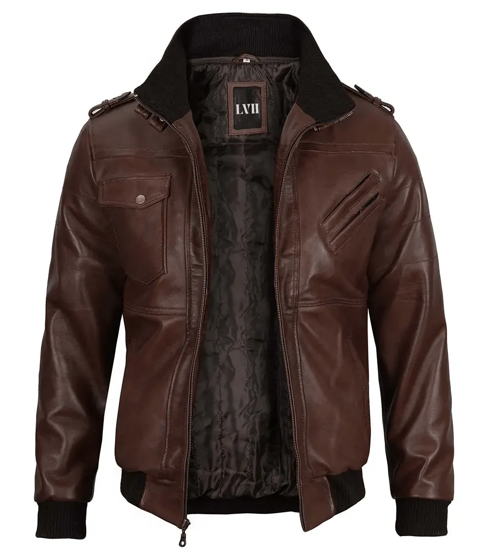 Mens Dark Brown Leather Bomber Jacket With Hood front