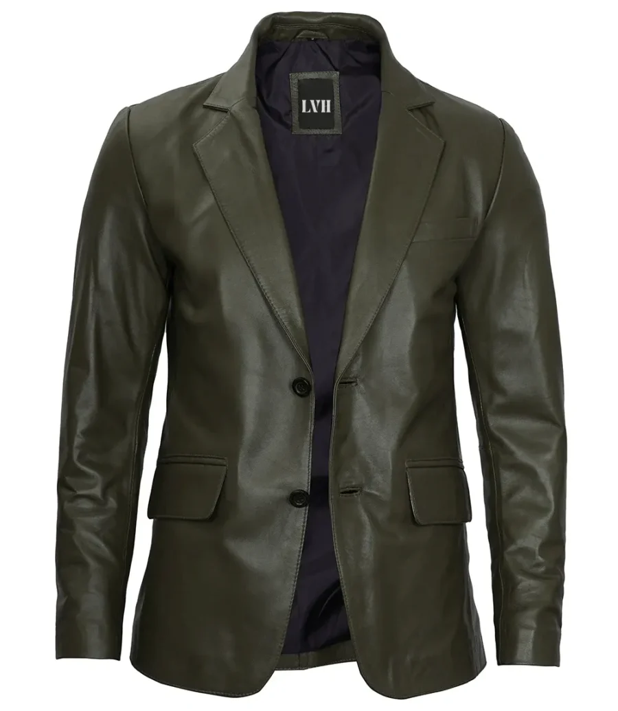 Mens Dark Green Blazer Real Leather Jacket front