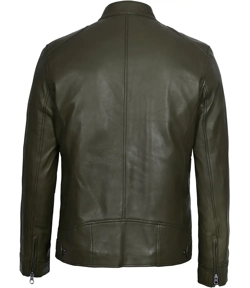 Men's Dark Green Racer Leather Jacket back
