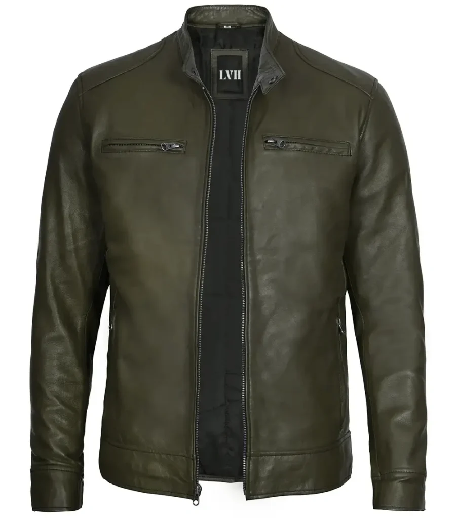 Men's Dark Green Racer Leather Jacket front